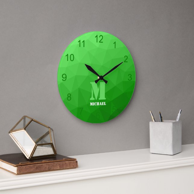 Light green Geometric Mesh Pattern Monogram Large Clock (Office)