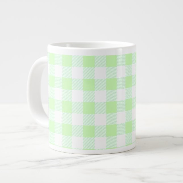 Light Green Gingham Check Pattern Large Coffee Mug (Front Left)