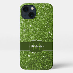 Light green greenery faux glitter sparkle Monogram iPhone 13 Case