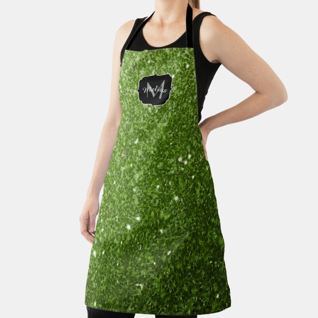 Light green greenery glitter sparkles Monogram Apron (Insitu)