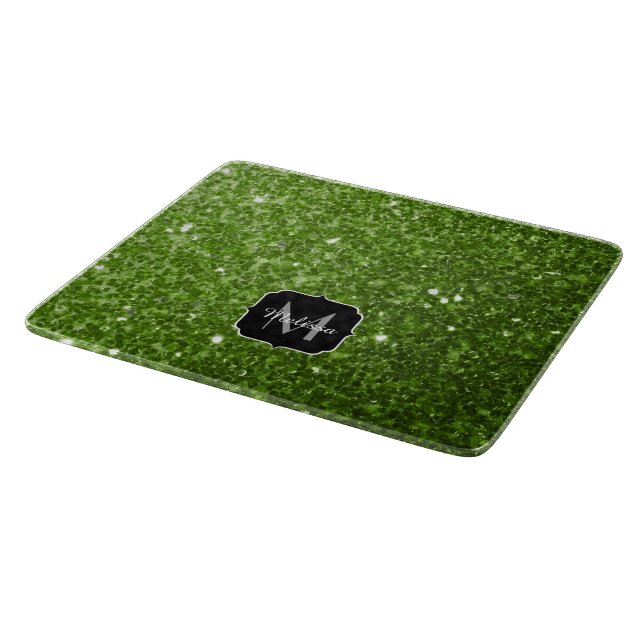 Light green greenery glitter sparkles Monogram Cutting Board (Corner)