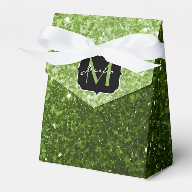 Light green greenery glitter sparkles Monogram Favour Box (Front Side)