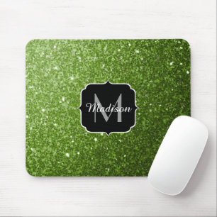 Light green greenery glitter sparkles Monogram Mouse Pad