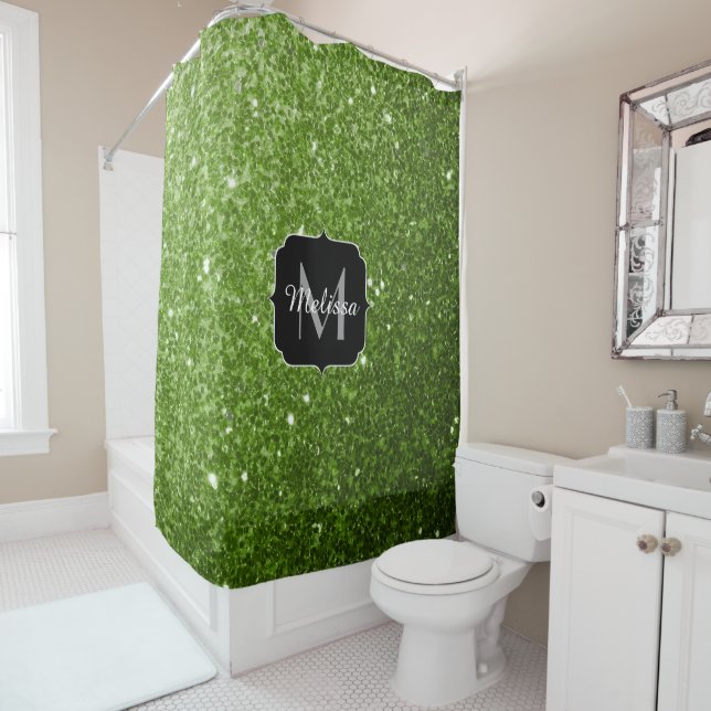 Light green greenery glitter sparkles Monogram Shower Curtain (In Situ)