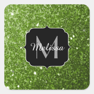 Light green greenery glitter sparkles Monogram Square Sticker