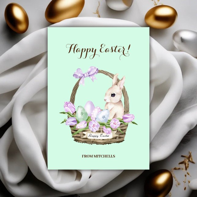 Light Green Happy Easter Rabbit Basket  Holiday Card (Happy Easter Rabbit Basket Holiday Card)