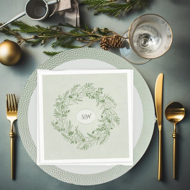 Light Green Leaves Wreath Monogram Napkin (Creator Uploaded)