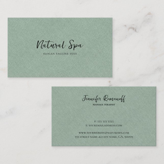 Light Green Linen Texture Print Black Typography Business Card (Front/Back)
