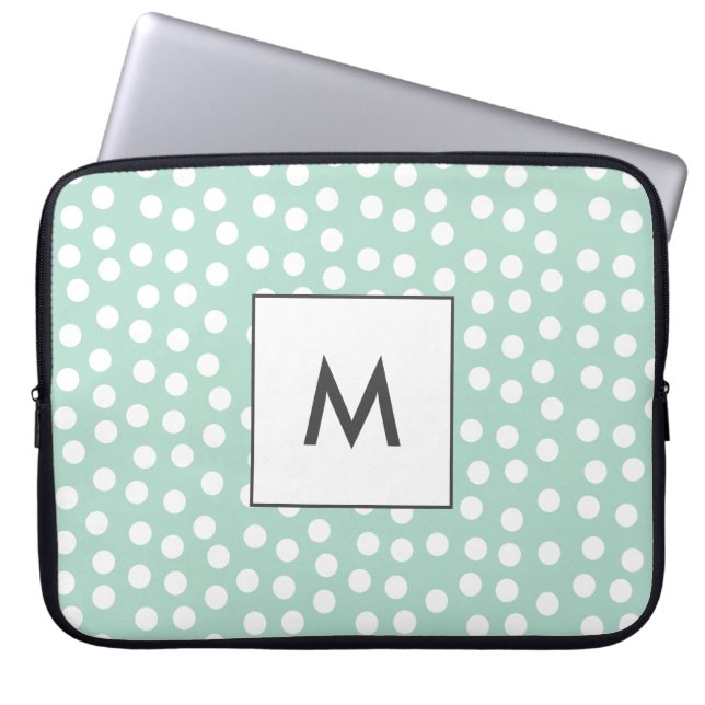 Light green mint polka dots monogram laptop sleeve (Front)