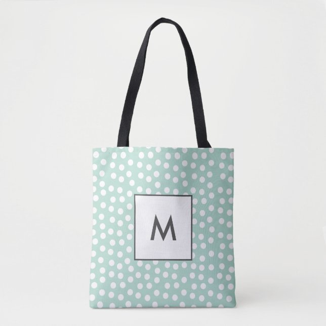 Light green mint polka dots monogram tote bag (Front)