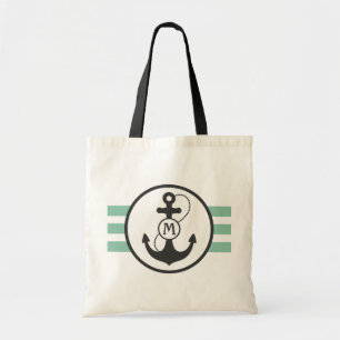 Light Green Nautical Stripes with Anchor Tote Bag