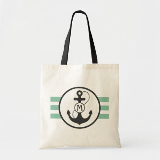 Light Green Nautical Stripes with Anchor Tote Bag