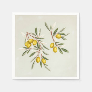 Light Green Olive Branches Illustration Elegant Napkin