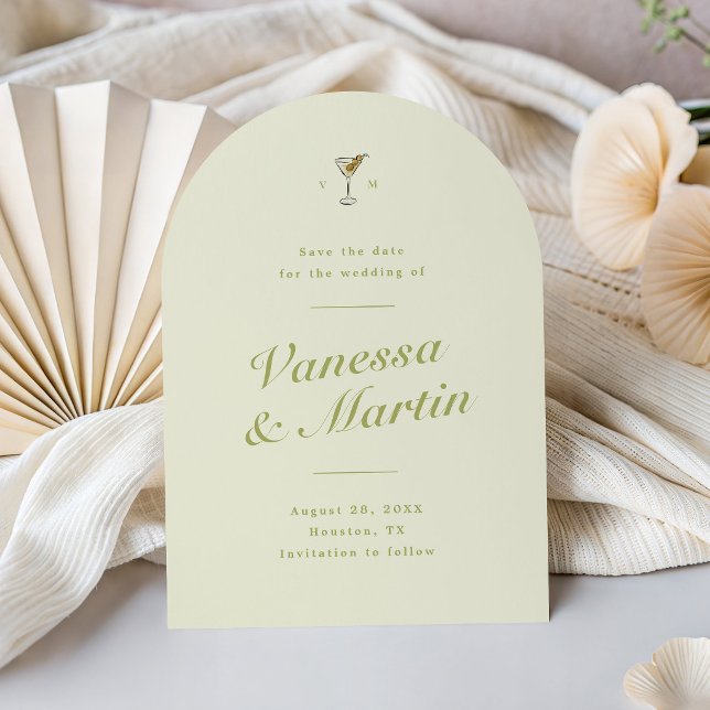 Light Green Olive Martini Classic Save the Date (arch shaped non-photo save the date card in light green with olive martini illustration)
