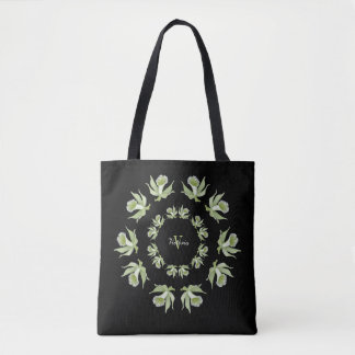 Light Green Orchids on Black Shoulder Tote