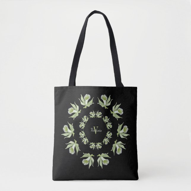Light Green Orchids on Black Shoulder Tote (Front)