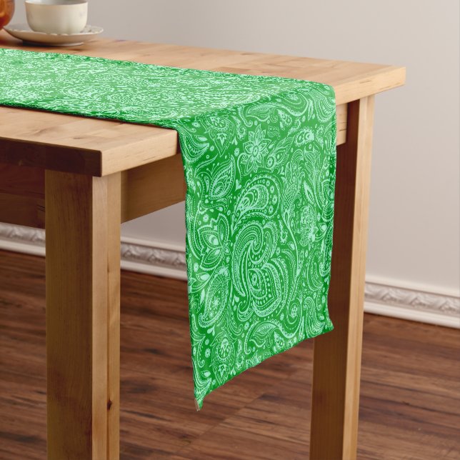 Light green paisley on green short table runner (In Situ)
