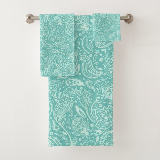 Light-green paisley on turquoise background bath towel set (Insitu)