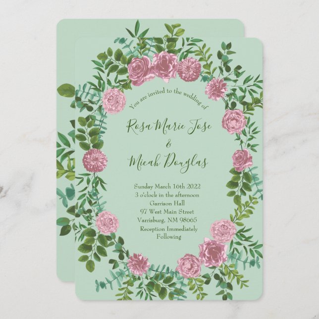 Light Green & Pale Pink Peony Rose Floral Wedding Invitation (Front/Back)
