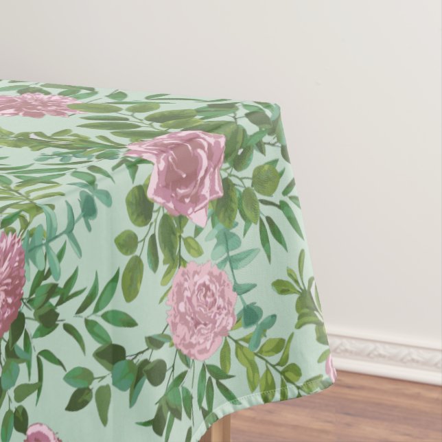 Light Green & Pale Pink Peony Rose Floral Wedding Tablecloth (In Situ)
