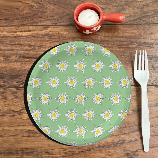 Light Green Paper Plate with Edelweiss Motif (Light green paper plates with an edelweiss pattern (top view))