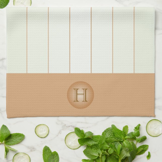 Light Green Pastel, Tan Modern Pinstripe Monogram Tea Towel (Folded)