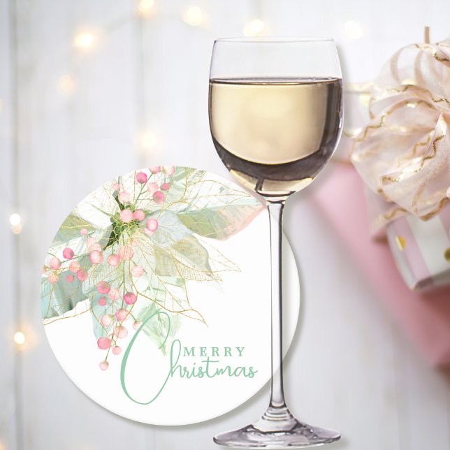 Light Green Pink Gold Poinsettia Merry Christmas  Round Paper Coaster (Creator Uploaded)