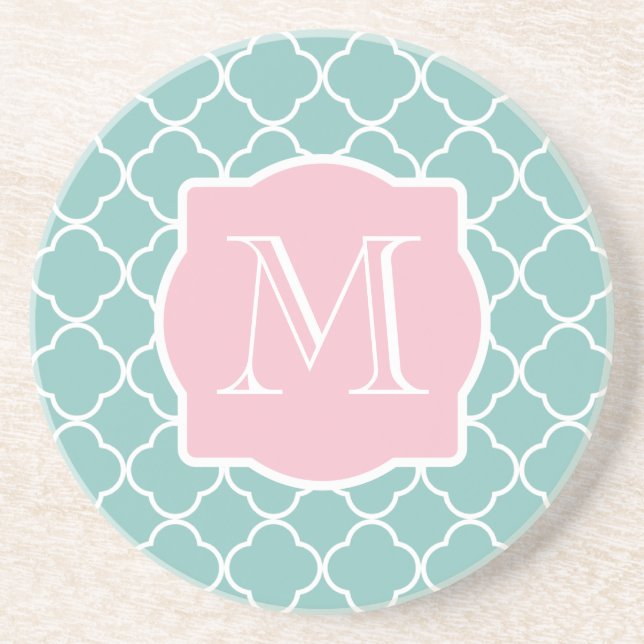 Light Green Quatrefoil Pink Monogram Coaster (Front)
