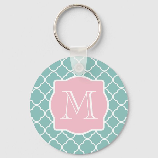 Light Green Quatrefoil Pink Monogram Key Ring (Front)