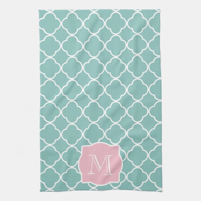Light Green Quatrefoil Pink Monogram Tea Towel (Vertical)