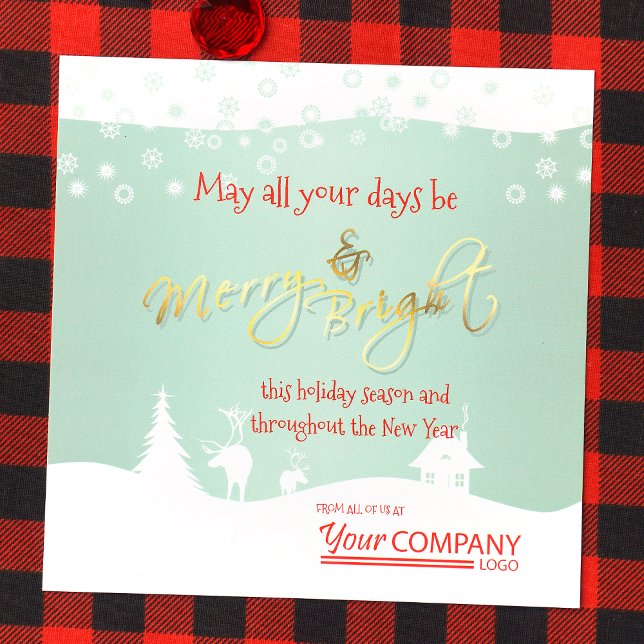 Light Green, Red Logo, White Snow Christmas Invitation (Red Logo, Unique Mint Green, Red, Gold Company Holiday Christmas Cards, Bulk Order)