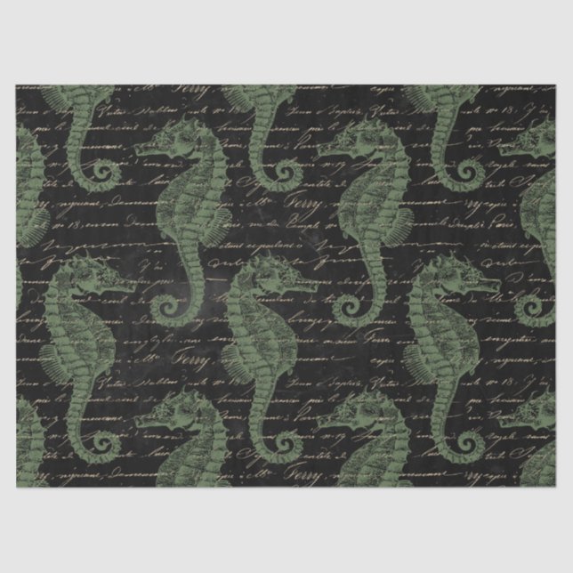Light Green Seahorses on Black Decoupage Tissue Paper (Front)