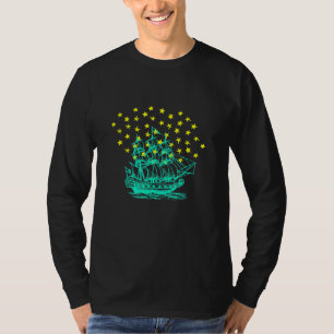 Light Green Ship Illustration Over Yellow Stars T-Shirt