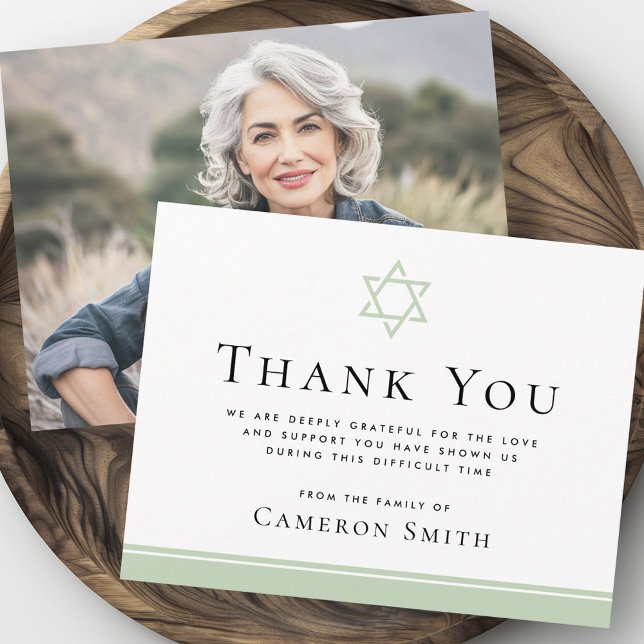 Light green Star of David funeral sympathy photo Thank You Card (Light green Star of David funeral sympathy photo Thank You Card)