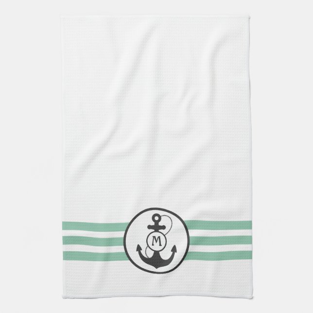 Light Green Stripes with Anchor Monogram Tea Towel (Vertical)