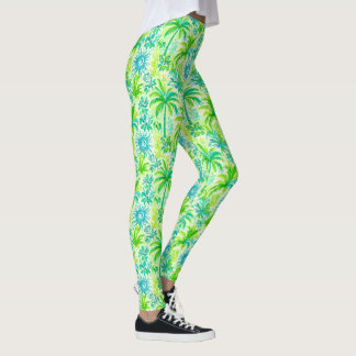 Light Green Tropical Palm and Blue Sun Print Leggings