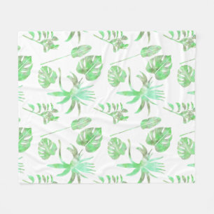 Light Green Tropical Watercolor Leaf Fleece Blanke Blanket