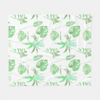Light Green Tropical Watercolor Leaf Fleece Blanke Blanket