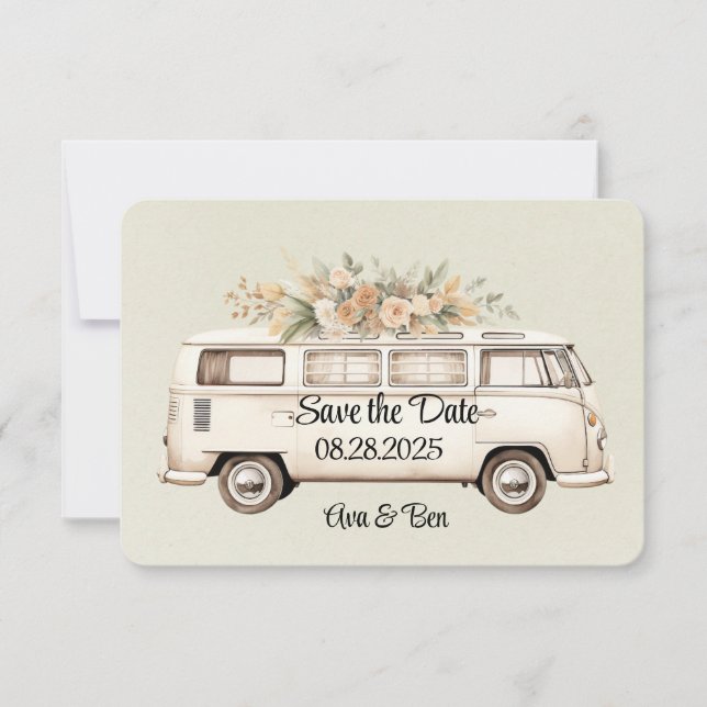 Light Green Vintage Bus Wedding  Save The Date (Front)