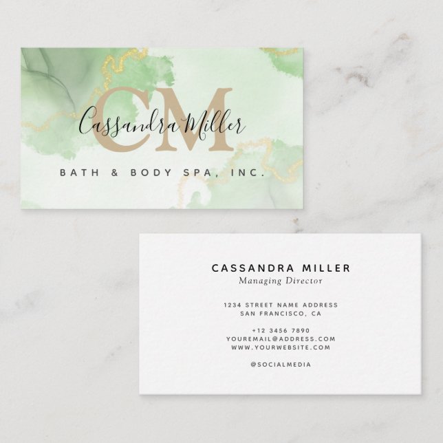  Light Green Watercolor Monogram Name Professional Business Card (Front/Back)