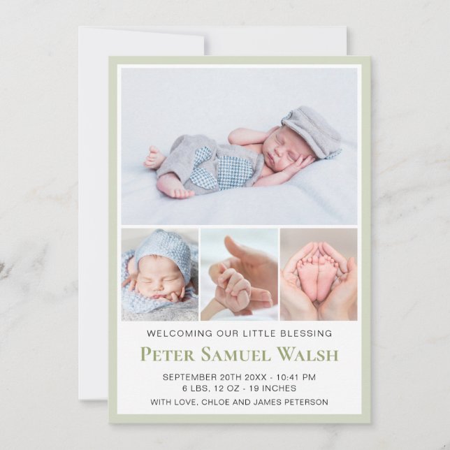 Light Green Welcome Little Man Baby Boy Birth Announcement (Front)