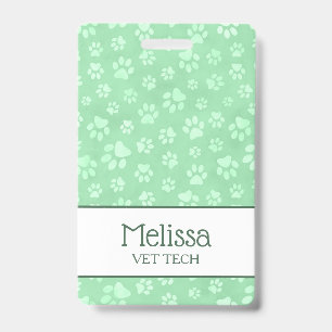 Light Green & White Animal Paw Print Monogram ID Badge