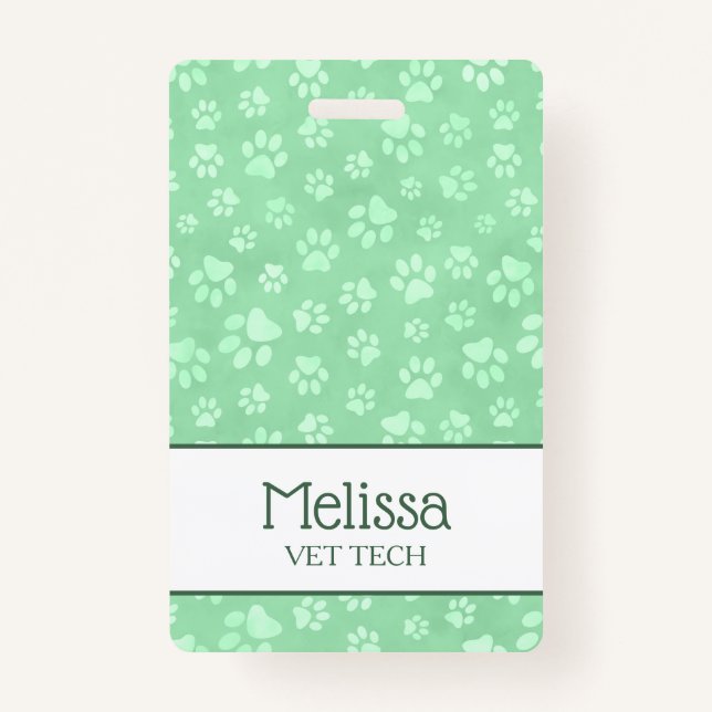 Light Green & White Animal Paw Print Monogram ID Badge (Front)