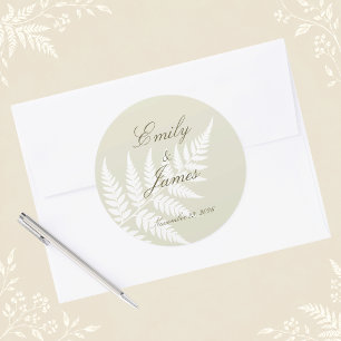 Light Green White Fern Elegant Wedding Classic Round Sticker