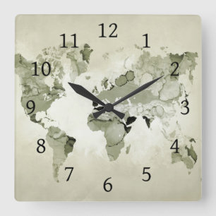Light Green World Map Design 123 Square Wall Clock