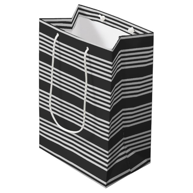 Light grey and charcoal five stripes pattern medium gift bag (Front Angled)