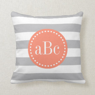 Light Grey and Coral Monogram Throw Pillow