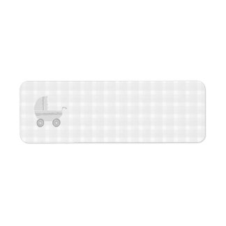 Light grey and white baby pram. return address label