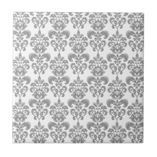 LIGHT GREY AND WHITE DAMASK PATTERN 2 CERAMIC TILE