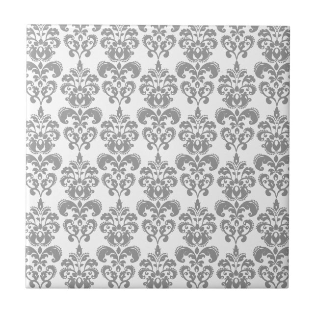 LIGHT GREY AND WHITE DAMASK PATTERN 2 CERAMIC TILE (Front)